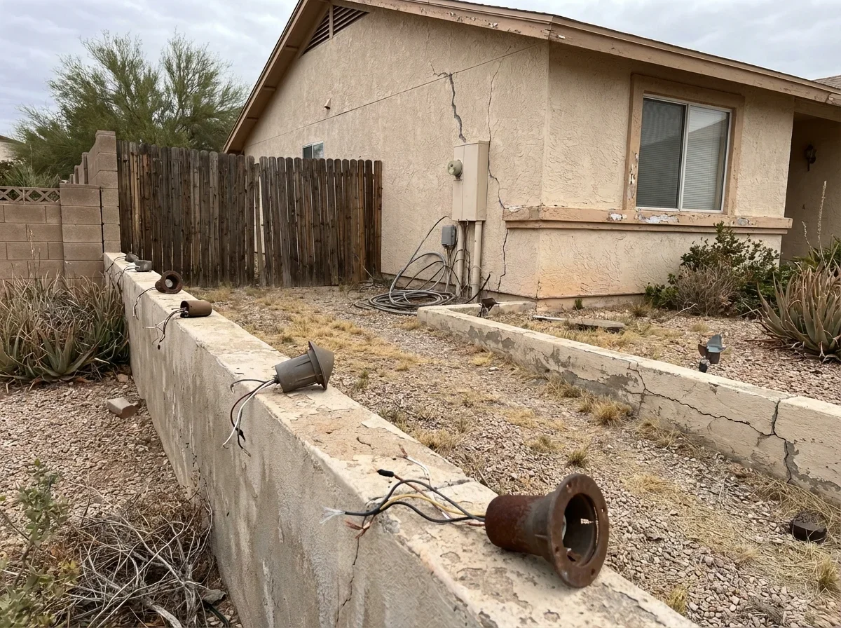 Landscape lighting highlights settling foundation and accentuates hazardous walkways